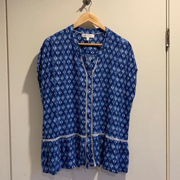 Fever Tops - Printed Cap Sleeve Button Down Shirt